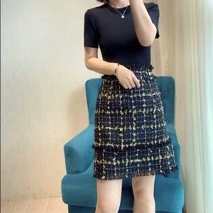 Ted Baker Fearnic Cotton-blend Tweed Mini Dress In black and gold.